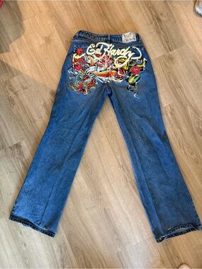 Ed Hardy Blue Denim Jeans with Colorful Tattoo Artwork